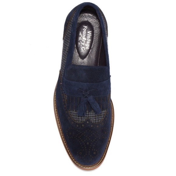 VINTAGE FOUNDRY The Suede & Textile Bianchi Tassel Slip On Loafer Shoe, Navy